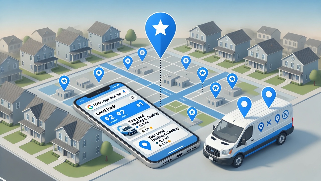 Illustration of an HVAC service van and smartphone local map pins for near-me search visibility