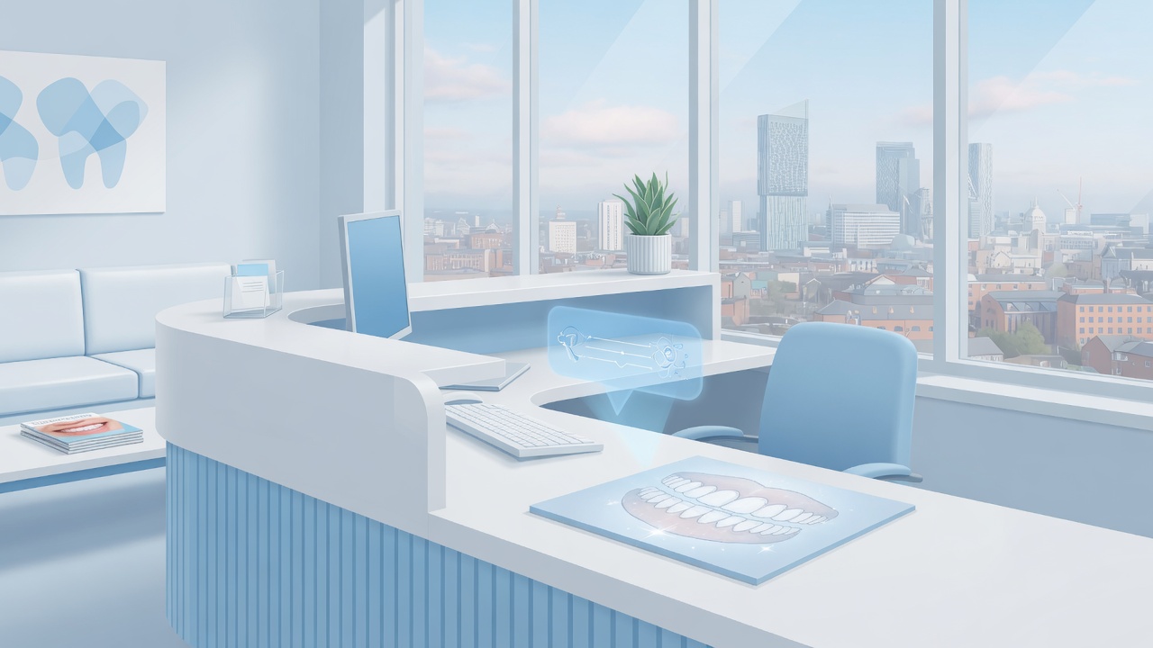 Illustration of a UK dental clinic desk with an AI recommendation concept and Manchester skyline soft in the background
