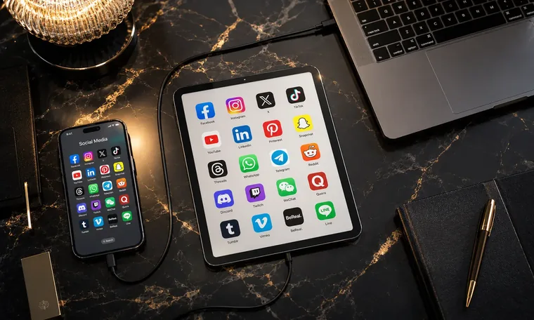 A tablet and phone displaying a grid of social media platform icons