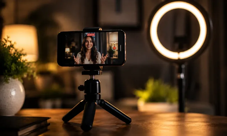 A smartphone on a tripod with a ring light recording a creator on camera