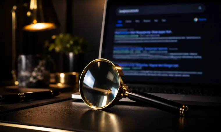 A magnifying glass beside a laptop showing search results